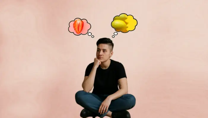 Изображена женщина, вероятно, лесбиянка, задумавшаяся, рядом с ней облачка мыслей, как в комиксах, в одном облачке клубника, на срезе немного напоминающая вульву, в другом пара лимонов, их края слегка напоминают грудь