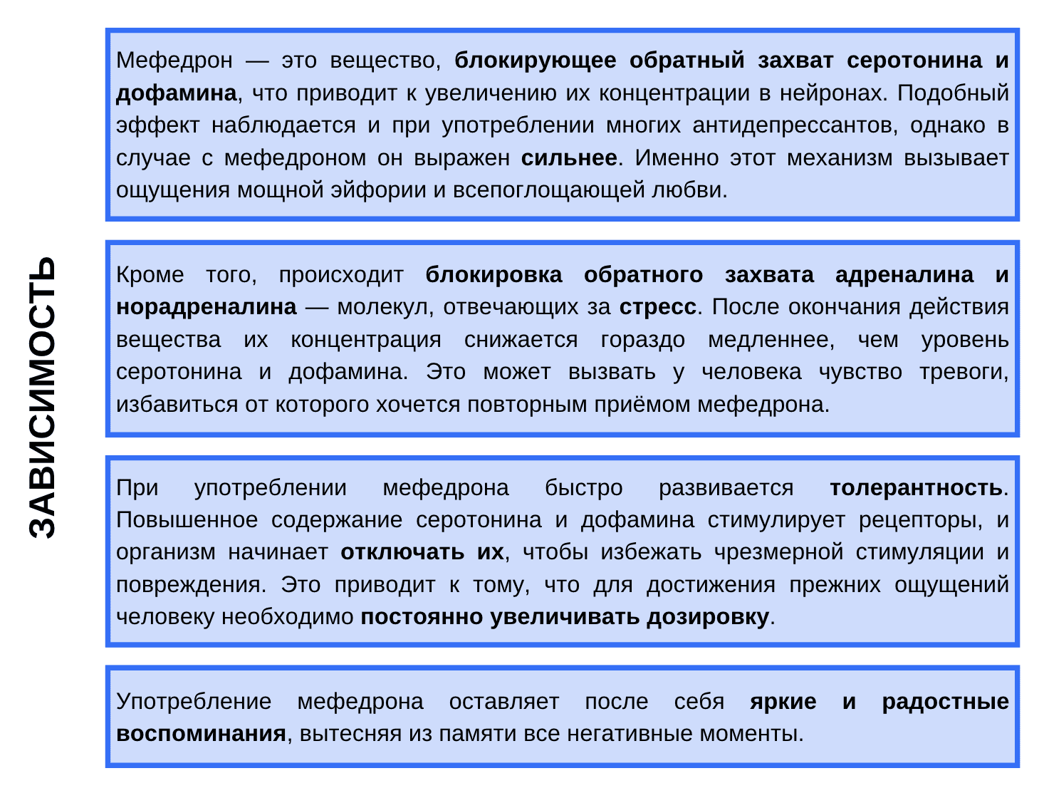 Мефедрон — это вещество, блокирующее обратный захват серотонина и дофамина, что приводит к увеличению их концентрации в нейронах. Подобный эффект наблюдается и при употреблении многих антидепрессантов, однако в случае с мефедроном он выражен сильнее. Именно этот механизм вызывает ощущения мощной эйфории и всепоглощающей любви.
Кроме того, происходит блокировка обратного захвата адреналина и норадреналина — молекул, отвечающих за стресс. После окончания действия препарата их концентрация снижается гораздо медленнее, чем уровень серотонина и дофамина. Это может вызвать у человека чувство тревоги, избавиться от которого хочется повторным приёмом мефедрона.
При употреблении мефедрона быстро развивается толерантность. Повышенное содержание серотонина и дофамина стимулирует рецепторы, и организм начинает отключать их, чтобы избежать чрезмерной стимуляции и повреждения. Это приводит к тому, что для достижения прежних ощущений человеку необходимо постоянно увеличивать дозировку.
Употребление мефедрона оставляет после себя яркие и радостные воспоминания, вытесняя из памяти все негативные моменты.