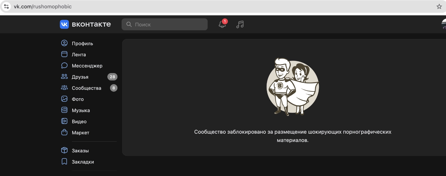 Сообщение о блокировке паблика "Один твой друг - гомонегативист" ВКонтакте за распространение порно