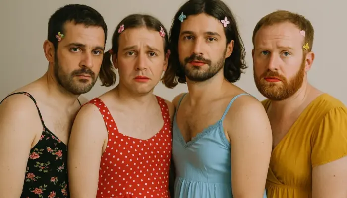 четыре мужчины в платьях и с заколками сгенерированы ChatGPT