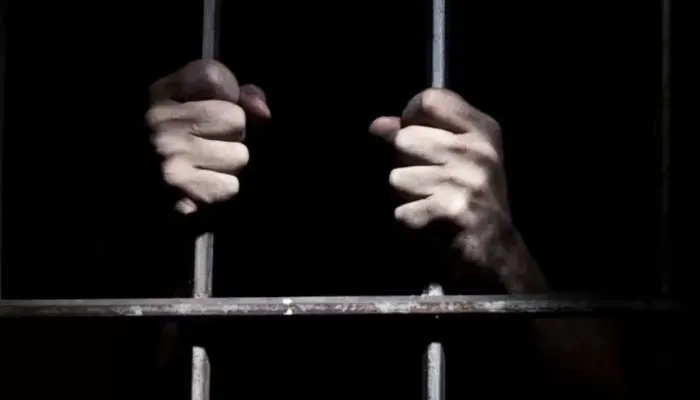 мужские руки держат прутья решётки, иллюстрируют заключение, в камере темно