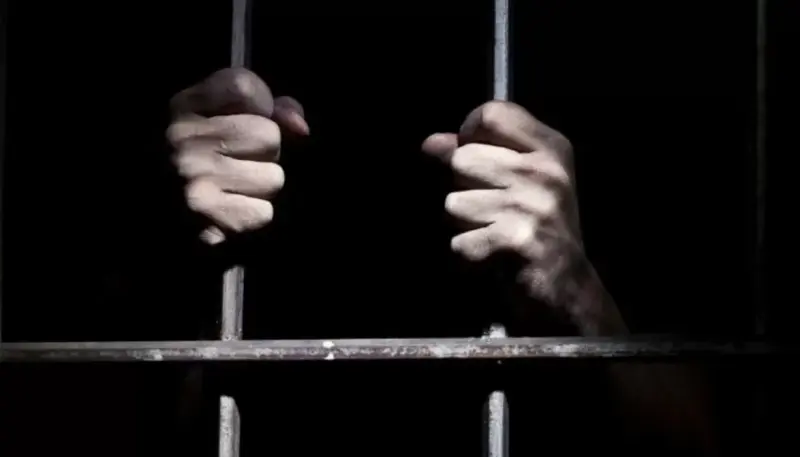 мужские руки держат прутья решётки, иллюстрируют заключение, в камере темно