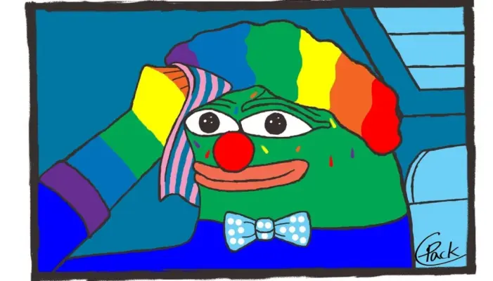 Хонклер или Лягушонок Пепе в виде клоуна с радужными волосами, на изображении вытирает испарину со лба