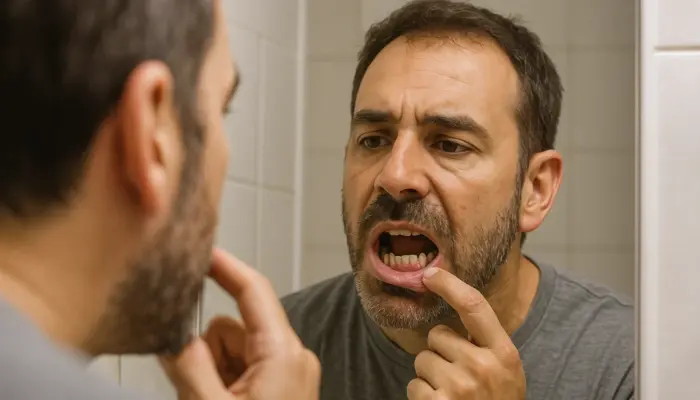 Мужчина рассматривает в зеркале свой рот