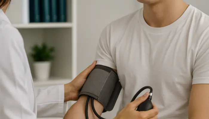 сцена, на которой молодой человек сидит в манжете для замера давления