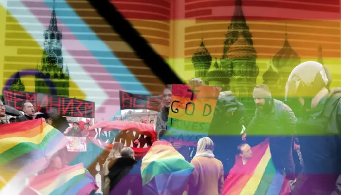 Коллаж из протестов ЛГБТ, прайд-флага и фото Кремля