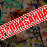 штамп "пропаганда" поверх кучи комиксов манги