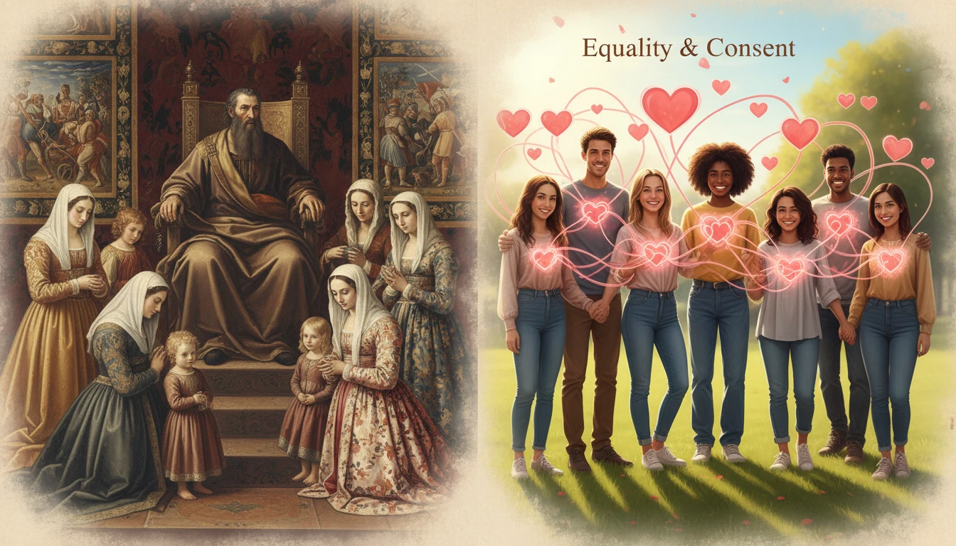 Картинка-сравнение: полигамия с одним мужчиной и несколькими жёнами и полиамория, много мужчин и женщин