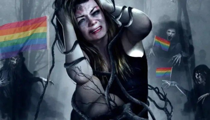 сцена фильма "Чёрные призраки", женщина кричит, обхватив голову руками, вокруг три фигуры призраков. К ним прифотошоплены прайд-флаги