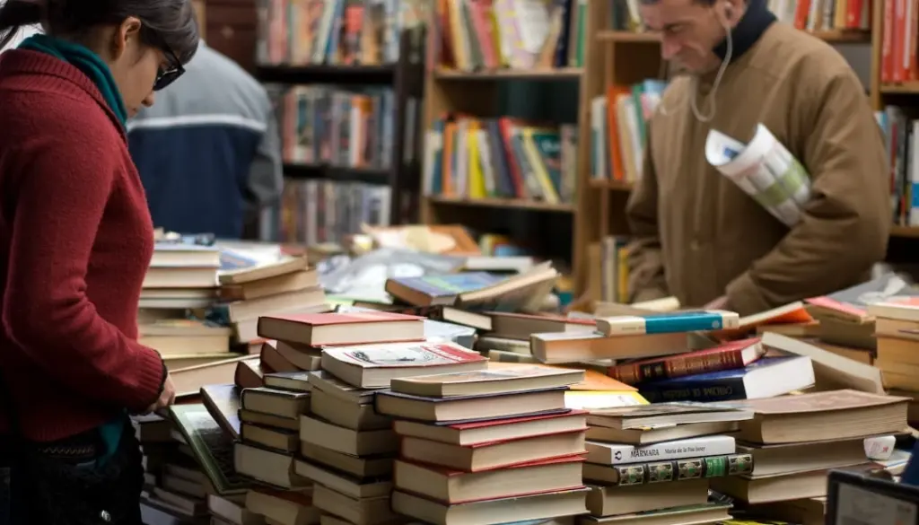 два человека рассматривают прилавок, заполненный книгами, на фоне книжных полок