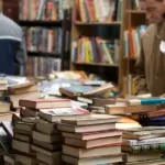 два человека рассматривают прилавок, заполненный книгами, на фоне книжных полок