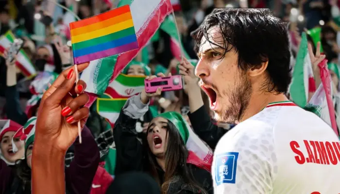 Кричащий мужчина в спортивной форме смотрит на прайд-флаг, на фоне - фанатки с флагами Ирана