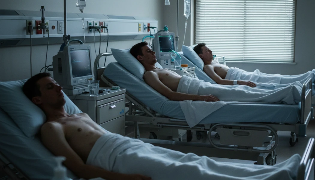 больничная палата, в ней три мужчины в стадии СПИД, тяжело больные без лечения ВИЧ-инфекции и опортунистических заболеваний