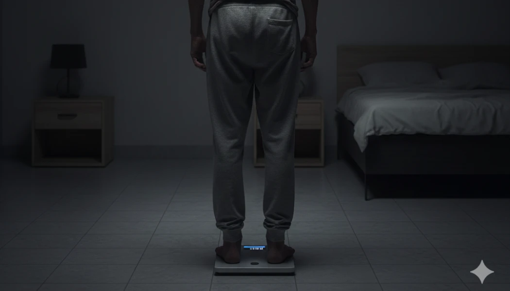 в тёмной комнате видны ноги и нижняя часть туловища худого человека, стоящего на весах спиной к зрителю, осложнение ВИЧ с резкой потерей веса