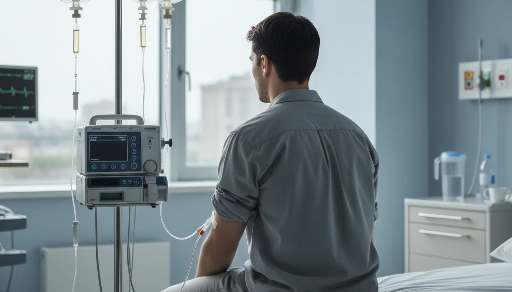 молодой человек спиной к зрителю сидит в больничной палате, подключенный к капельнице с химиотерапией, так как рак может быть опортунистическим заболеванием при ВИЧ