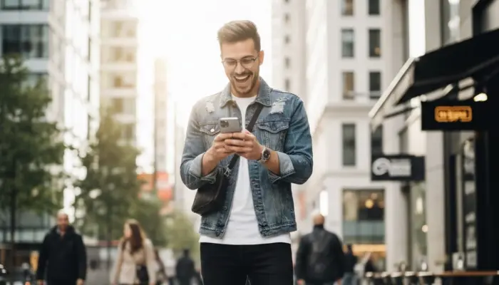 молодой мужчина радостно смотрит в телефон: там снова появилось приложение Hornet на айфон в России