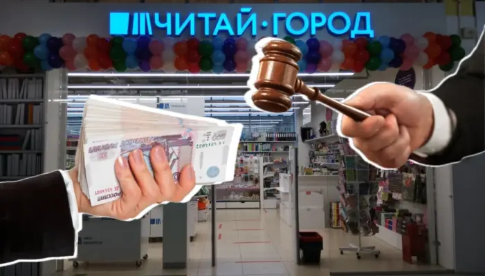 коллаж: рука одного человека протягивает пачку денег, рука другого держит молоток судьи, на фоне фото магазина "Читай-город" в Чите