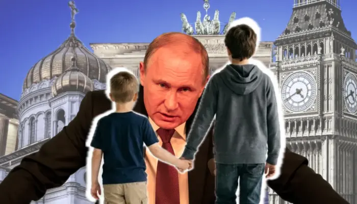 гневный Путин смотрит на двух мальчиков, взявшихся за руки, на фоне европейских и российских достопримечательностей