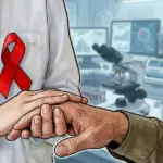 рисованная обложка: врач держит руку пациента на фоне лаборатории