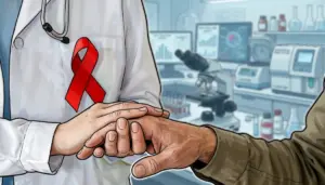 рисованная обложка: врач держит руку пациента на фоне лаборатории