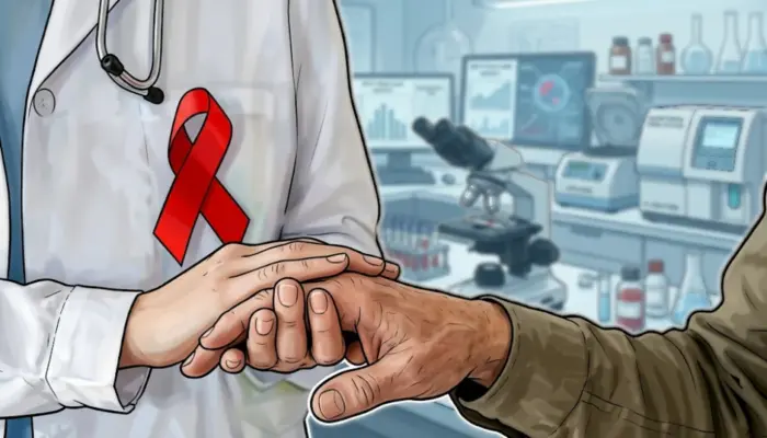 рисованная обложка: врач держит руку пациента на фоне лаборатории