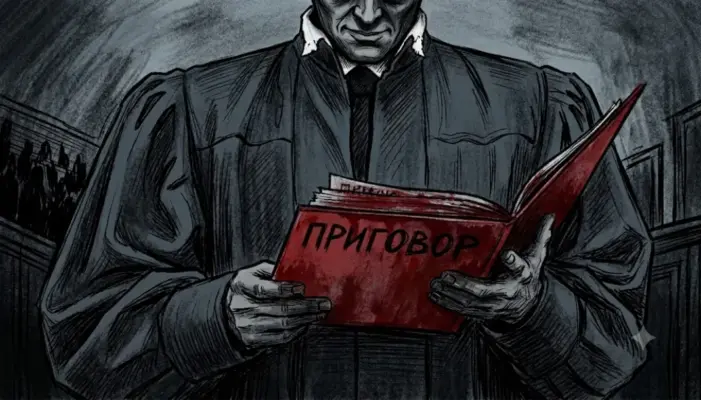 нарисованный судья держит окровавленную папку с подписью "Приговор"