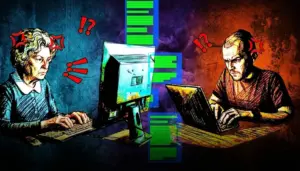 Два человека с суровым видом набирают что-то на клавиатурах, между ними полупрозрачный чат, очевидно, они переписываются. Фигуры подсвечены контрастным фоном