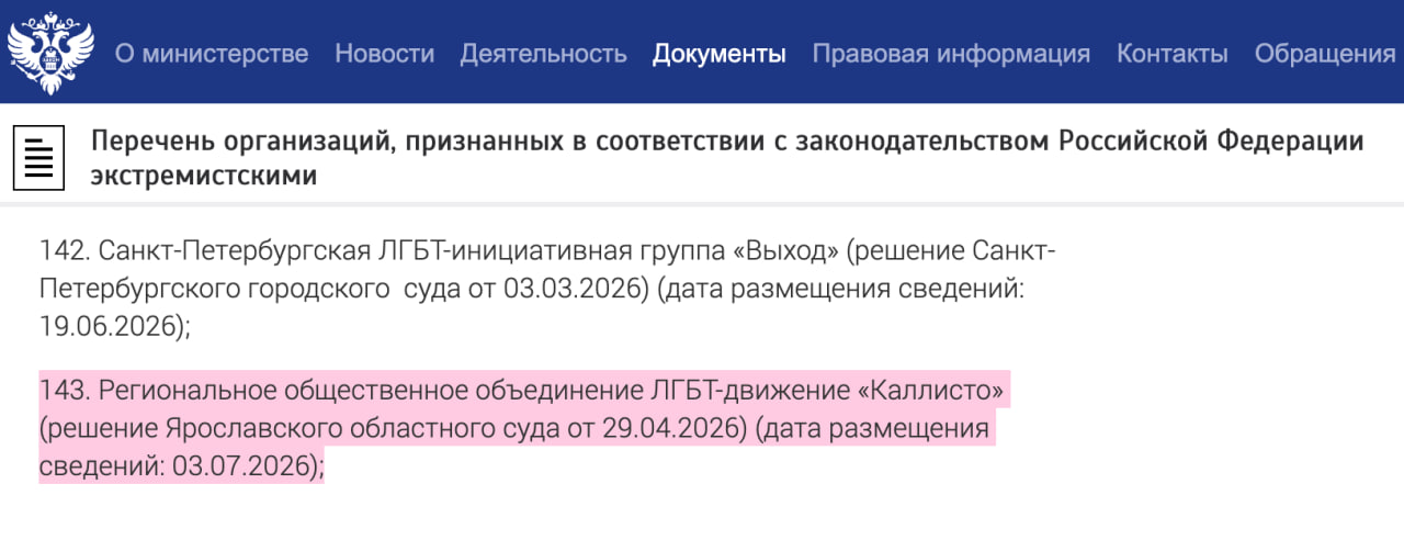 ЛГБТК-инициатива из Ярославля «Каллисто» в перечне Минюста