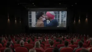 поцелуй персонажей Rohan and Josh в фильме The Parenting от HBO Max на экране в кинозале