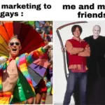 мем со сравнением: как выглядят ЛГБТ в глазах маркетологов (яркий радужный костюм) и как в реальной жизни (фото из фильма ужасов)