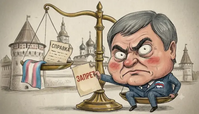 Карикатурный Володин перевесил на весах транс-флаг и справку, на фоне - Тобольский кремль. Изображение сгенерировано AI Gemini