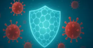 Условное изображение щита в окружении вирусных частиц ВИЧ
