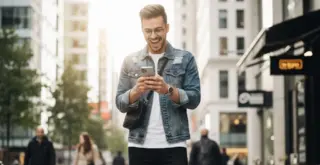 молодой мужчина радостно смотрит в телефон: там снова появилось приложение Hornet на айфон в России