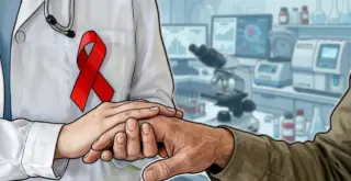 рисованная обложка: врач держит руку пациента на фоне лаборатории