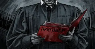 нарисованный судья держит окровавленную папку с подписью "Приговор"