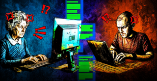 Два человека на контрастном фоне сурово печатают что-то на компьютерах, между ними изобраён абстрактный диалог в чате в виде облачков неразборчивого текста